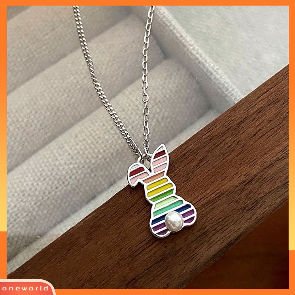 [EONE] Wanita Kalung Rainbow Oil-dripping Bergaris Mutiara Imitasi Elegan Kelinci Liontin Klavikula Kalung Fashion Perhiasan
