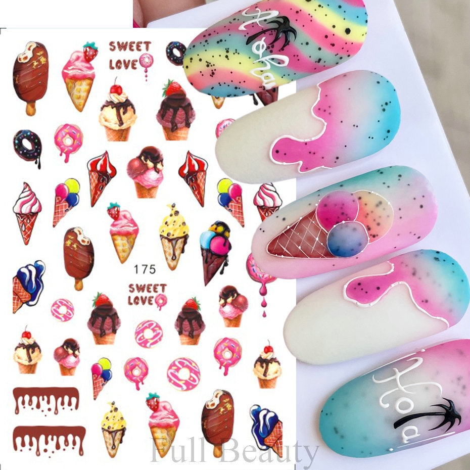 [Harga Grosir] 1pc Perekat Diri 3D Tanaman Kuku Decals Ins Musim Semi Musim Panas Kaktus Serangga Kuku Stiker Warna-Warni Es Krim Manicure Decor DIY Nail Art Aksesoris Kuku Alat Kuku