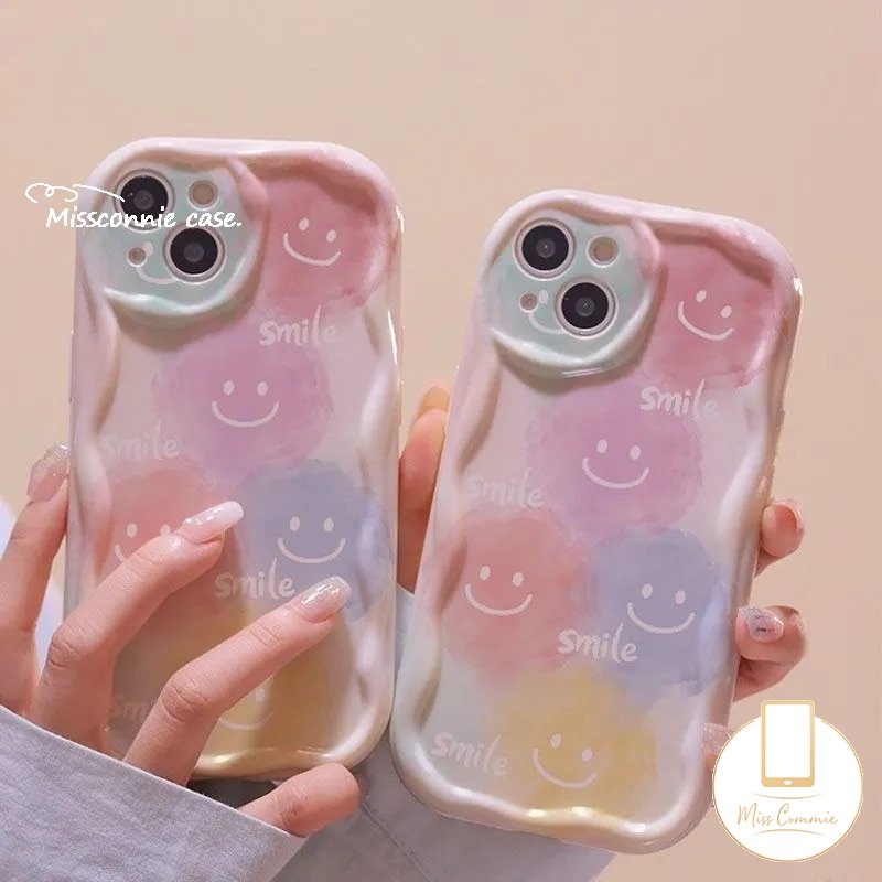 IPHONE Tinta Cute Smiley Face Case Kompatibel Untuk Iphone12 13 11 14 Pro Max XR X 7 8 6s 6 Plus XS Max SE 2020 Senyum Indah 3D Wavy Curved Edge Glossy Shockproof Soft Cover