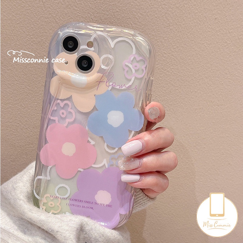 IPHONE Casing Bunga Segar Warna-Warni Kompatibel Untuk Iphone11 14 12 13 Pro Max 7Plus XR X7 8 6s 6 Plus XS Max SE 2020 Shockproof Soft Tpu 3D Wavy Curved Edge Glossy Cover Case