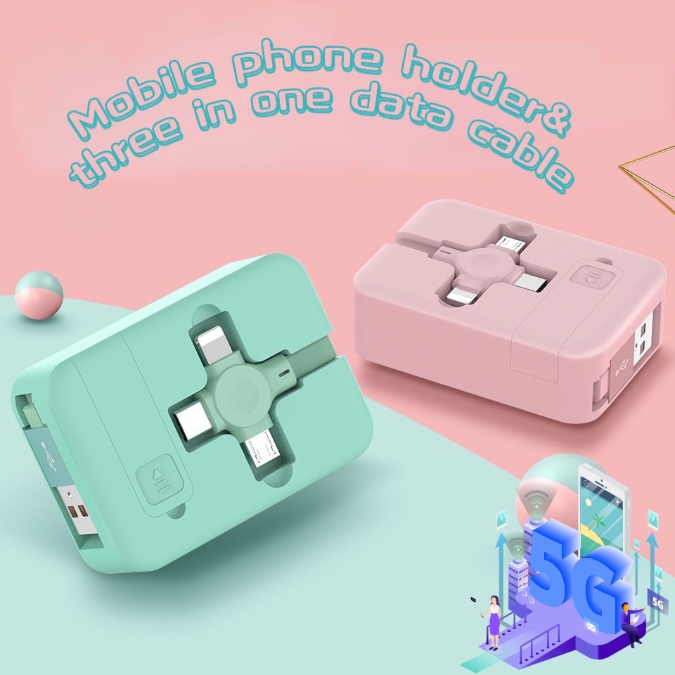 Scalable Three In One Fast Charging Cable with Mobile Phone Holder Cocok Untuk IPhone Android Type-C Kabel Data Portable Lazy Person Holder Kombinasi Kabel Data