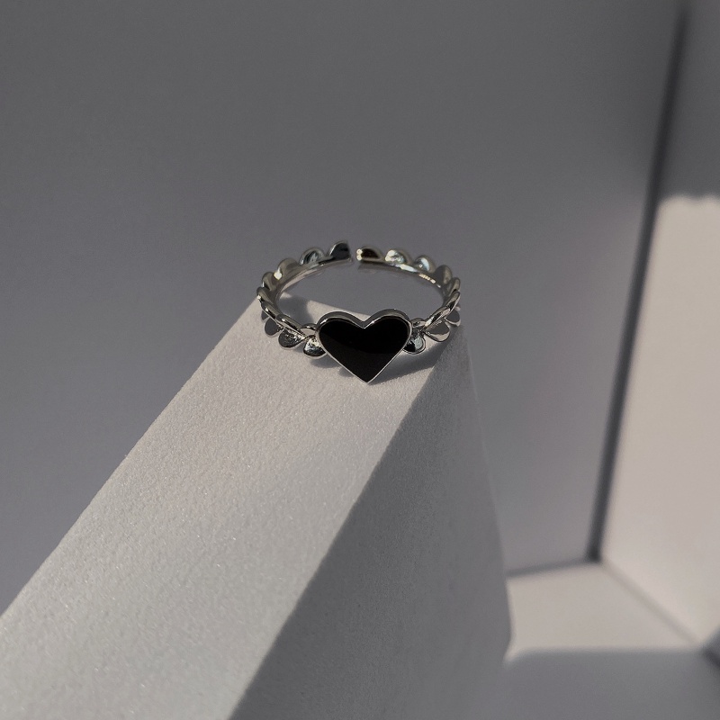 Ahellogirl S925 Sterling Silver Hitam Hati Dihiasi Cinta Cahaya Mewah Korea Cincin Yang Dapat Disesuaikan