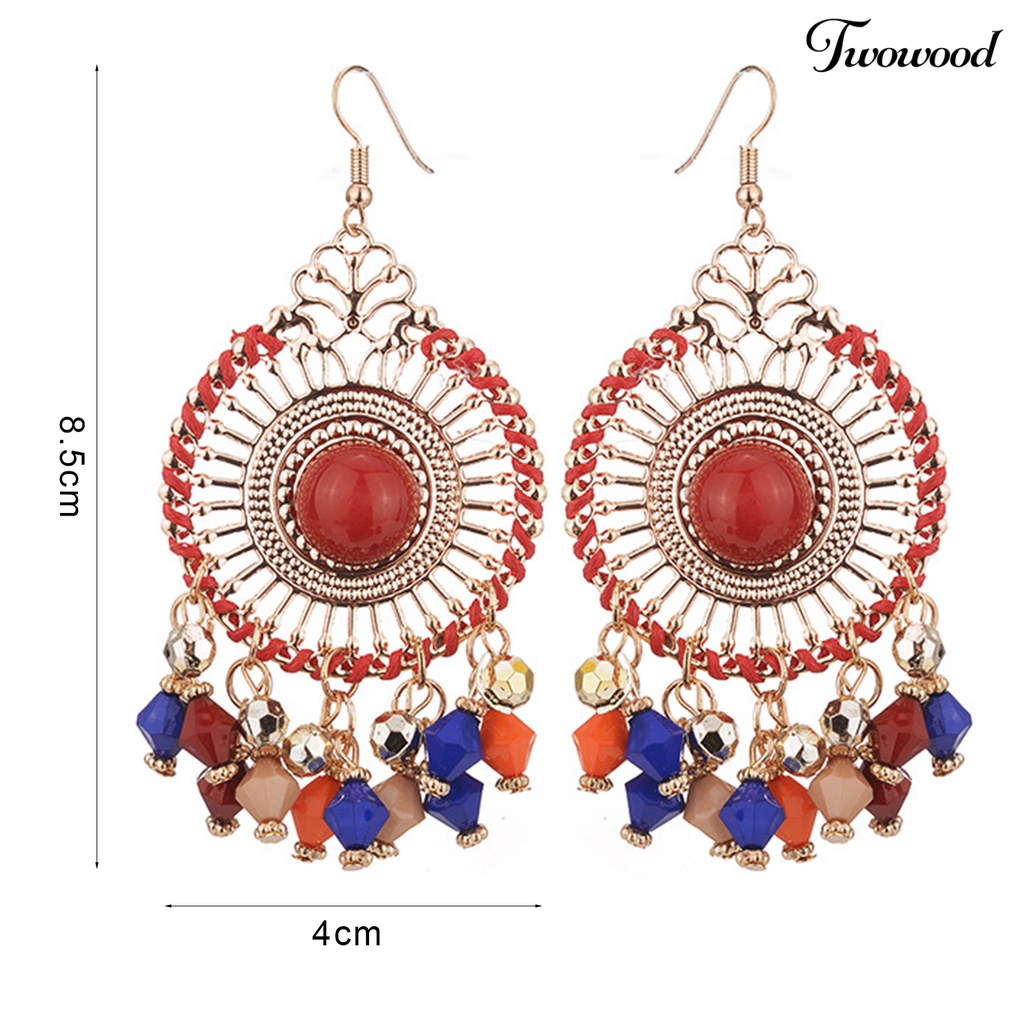 Twowood 1pasang Wanita Anting Kait Warna-Warni Etnik Anti-Cacat Gaya Bohemia Rumbai Drop Earrings Perhiasan Perempuan