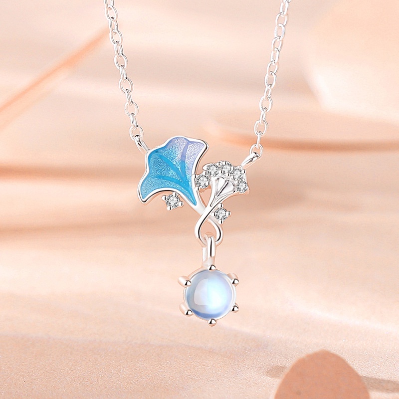 Moonlight Kalung Keberuntungan Aprikot Kecil Perempuan Sterling Silver Mori Seri Moonstone Rantai Klavikula Musim Panas Gaya Baru Ginkgo Daun Kalung Perhiasan