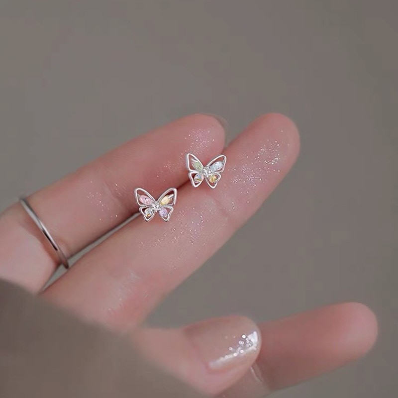 Ay (CN) Anting Tusuk Kristal Warna-Warni Butterfly Silver Earrings Untuk Aksesoris Perhiasan Wanita