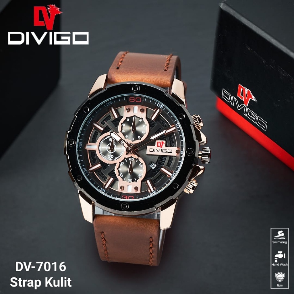 COD Jam tangan Pria Divigo DV-7016 Kulit Original Water Proof Tanggal Aktif Crono Hiasan