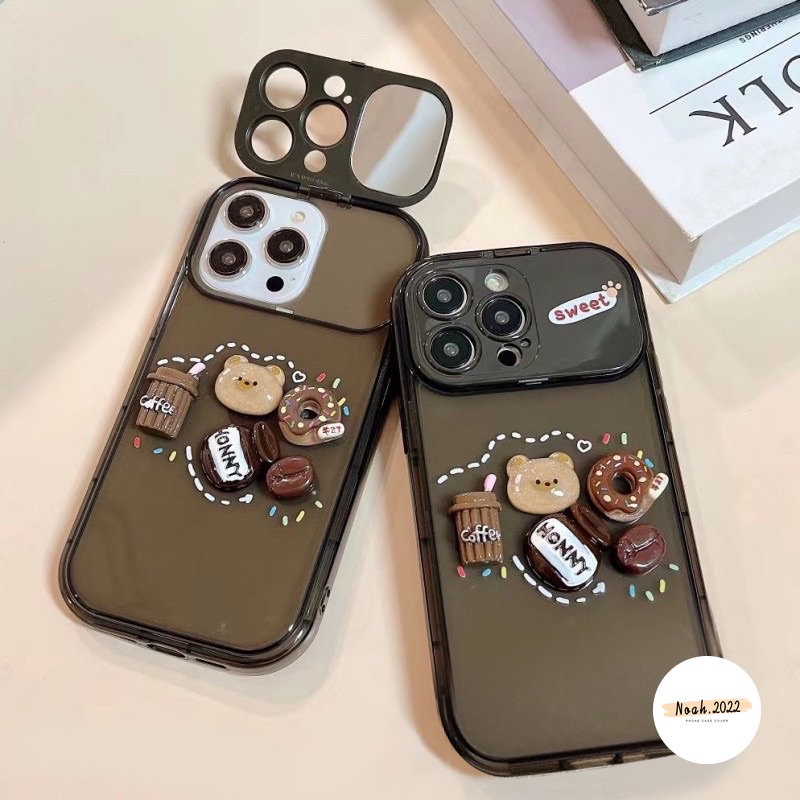 Casing Cermin Make Up Flip Kreatif Untuk Oppo A57 A12 A15 A7 A3s A5s A53 A15s A9 A5 A77 A77S A11K A31 A33 2020 A35 3D Kartun Lucu Mainan Beruang Kopi Donat Shockproof Soft Phone Cover