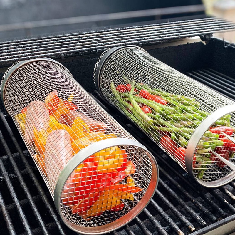 Keranjang Rak Barbekyu Stainless Steel Outdoor Camping/Travel Keluarga Anti Bocor Masak Panggangan Parutan Rotary Grill Basket
