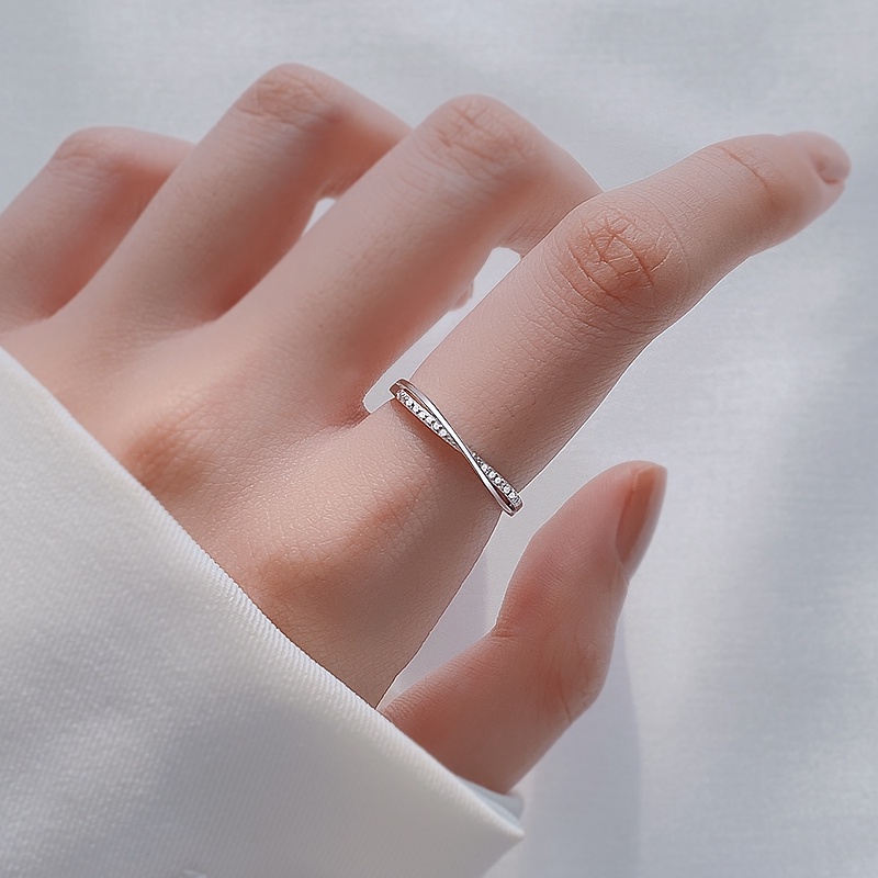 Kami Bunga Korea s925 Perak Bersinar Zirkon Cross Cincin Untuk Wanita Gadis ins Trendi Garis Geometris Rings Sederhana Fashion Jari Perhiasan Aksesoris