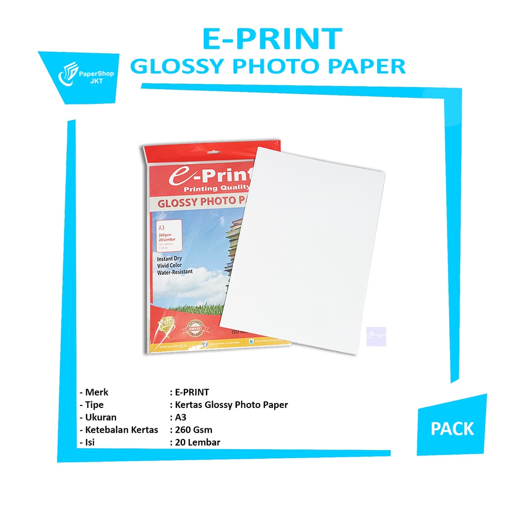 

E-PRINT - Photo Paper Glossy 260gsm- Pack