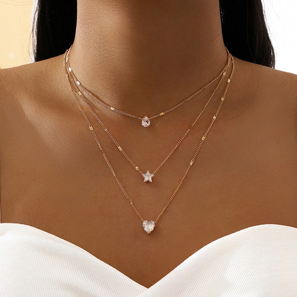 Women Crystal Zircon Heart Star Pendant Necklace/Ladies Simple Charm Necklaces/Kalung Klavikula Elegan/Kalung Rantai Kepribadian Perempuan/Kalung Choker Populer