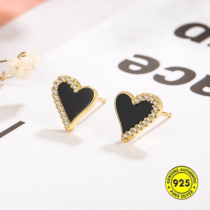 S925 Perak Manis Keren Hitam Bentuk Hati Dengan Berlian Stud Earrings Sederhana Canggih Halus Anting U1811