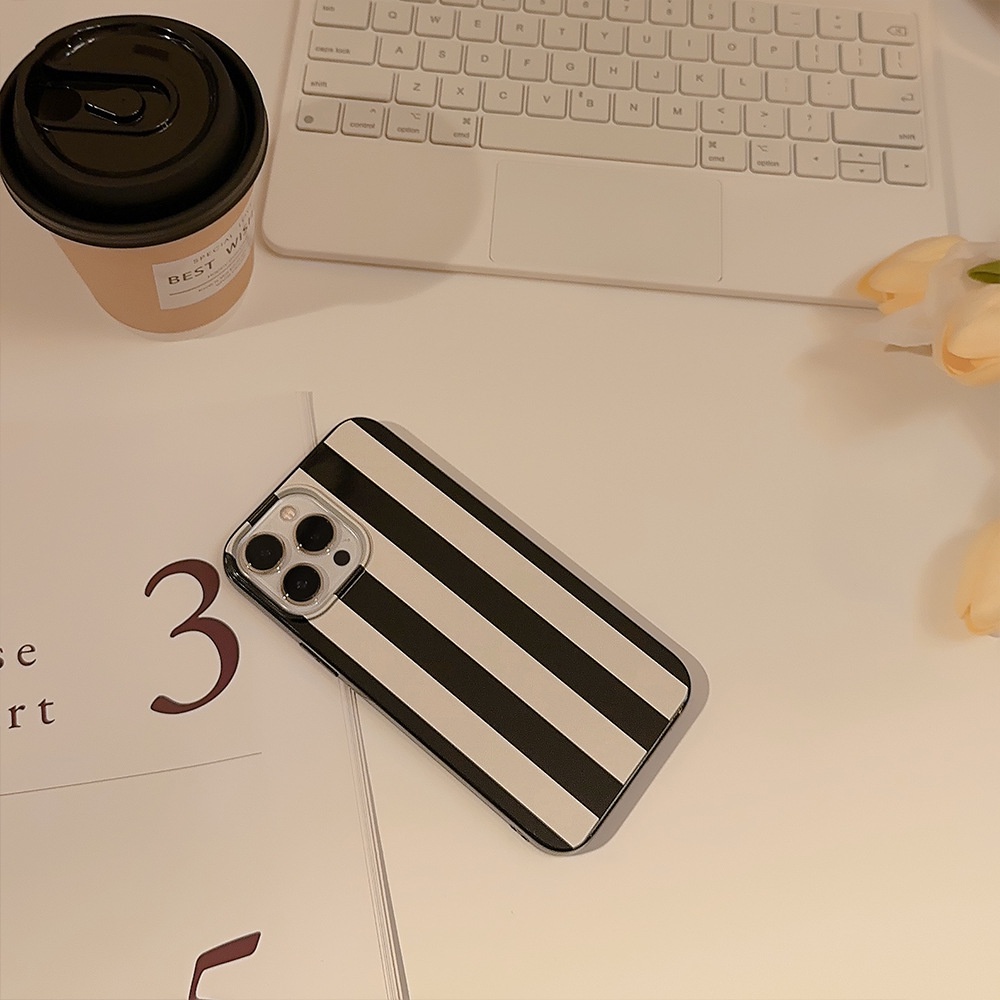 IPHONE Desain Simple Putih Hitam Warna Campur Garis Vertikal Ponsel Glossy Soft Case Cover Untuk Iphone7 8 PLUS X XR XS 11 12 13 14 MINI PRO MAX SE 2020
