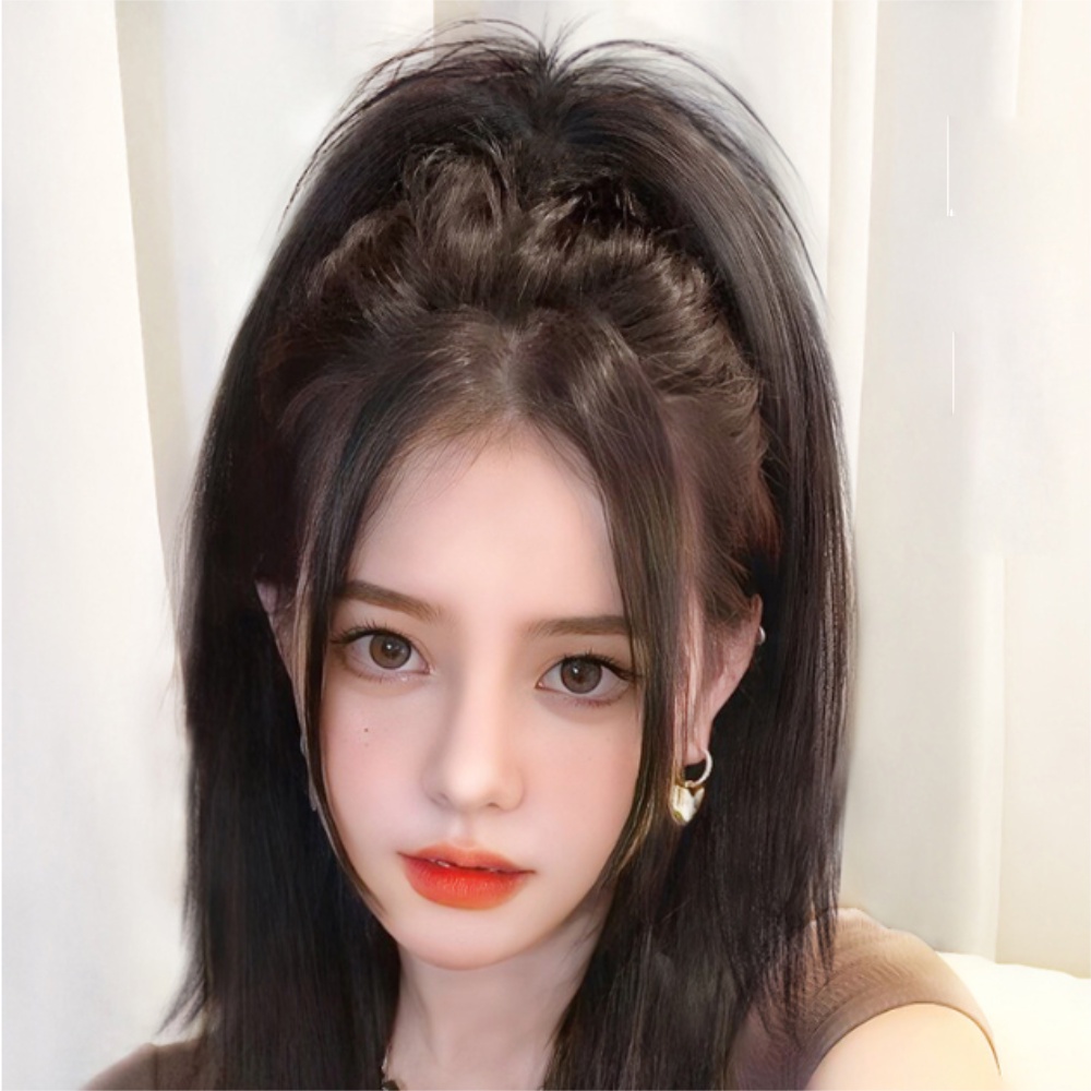 Wig Rambut Berbulu Panjang Alami Wanita Perempuan Setengah Ekor Kuda Sarang Ayam Kepala Ekstensi Rambut 40cm