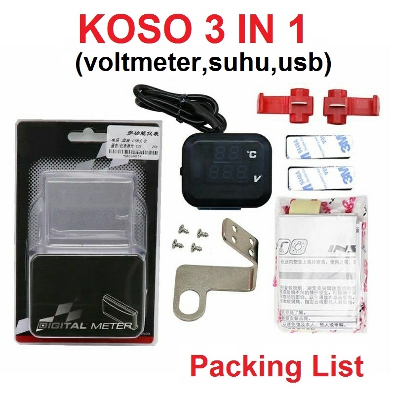 Volt Meter Koso 3 in 1/Voltmeter 3 in 1 Koso Usb Anti Air Original/Voltmeter 3in1 Charger USB 2A Breket Spion/Voltmeter Koso 3 In 1 USB Charger Universal Semua Motor Anti Air Original Termometer Digital Jam Suhu Tegangan Aki Vario Pcx Ninja Cbr