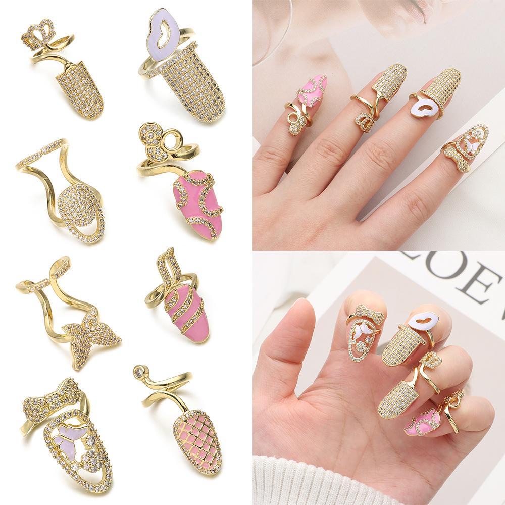LILY Cincin Pelindung Kuku Aksen Zircon Warna Gold Untuk Perhiasan Wanita