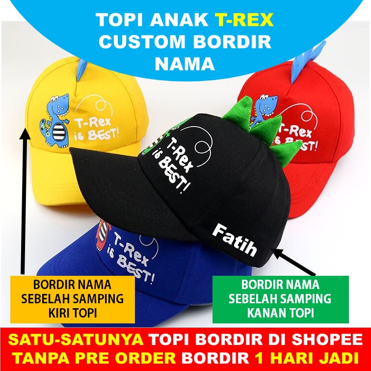 Topi Anak Dino T-Rex / Topi Dinosaurus Anak Baseball Bordir Nama Custom 1 Hari Tanpa PO