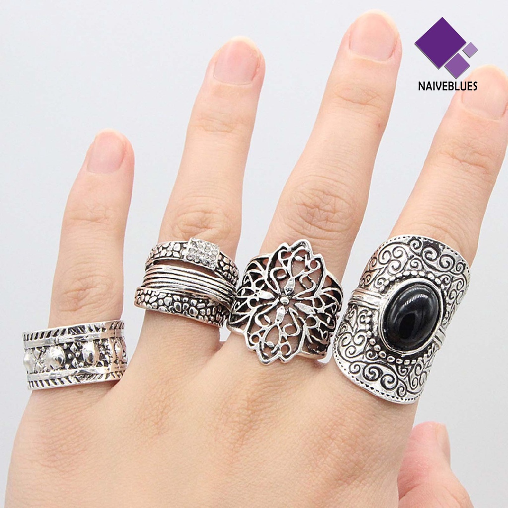 &lt; Naiveblues &gt; 4Pcs/Set Cincin Unisex Lebar Gaya Etnik Alloy Hollow Ukir Knuckle Rings Aksesoris