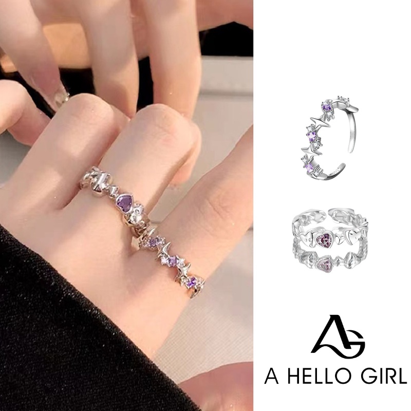 Ahellogirl 925perakmanis Gaya Ungu Berlian Hati Zirkon Pembukaan Bintang Sudut Cincin Ceruk Perempuan Ins Gaya Keren Cahaya Kepribadian Mewah Cincin