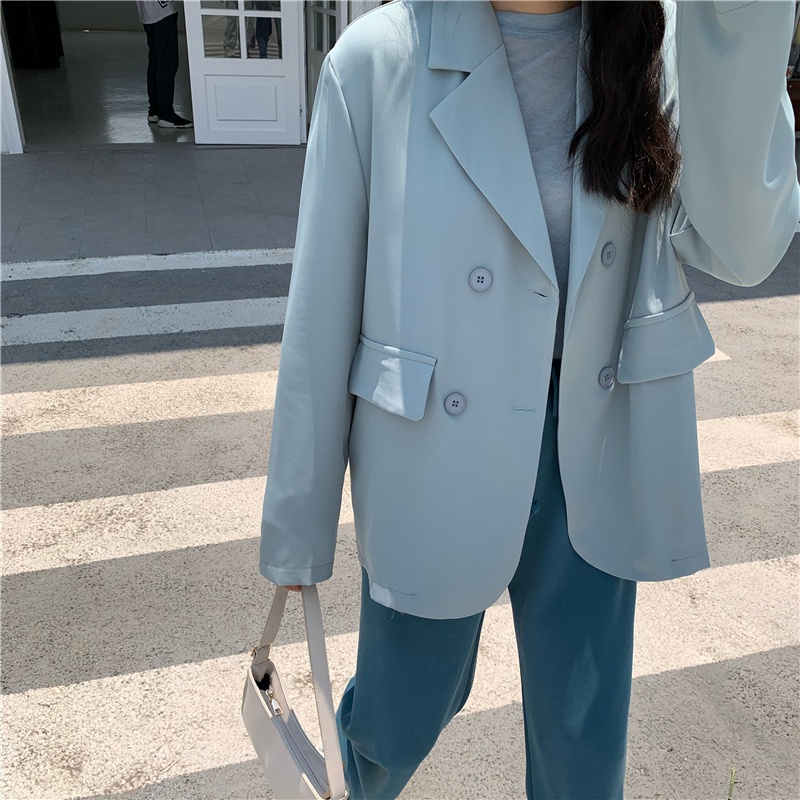 Hitam Pink Biru Korea Blazer Wanita Lengan Panjang Setelan Jas Blazer Women Outer Import Murah