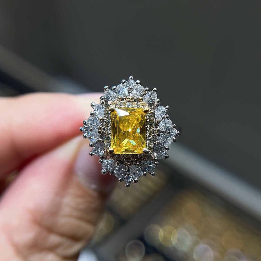 Goldkingdom Fashion Perhiasan Aksesoris Ready Stock Zamrud Permata Cincin Caibao Berlian Kuning Terang Penuh Berlian Perempuan Cincin Pink Kristal Cincin