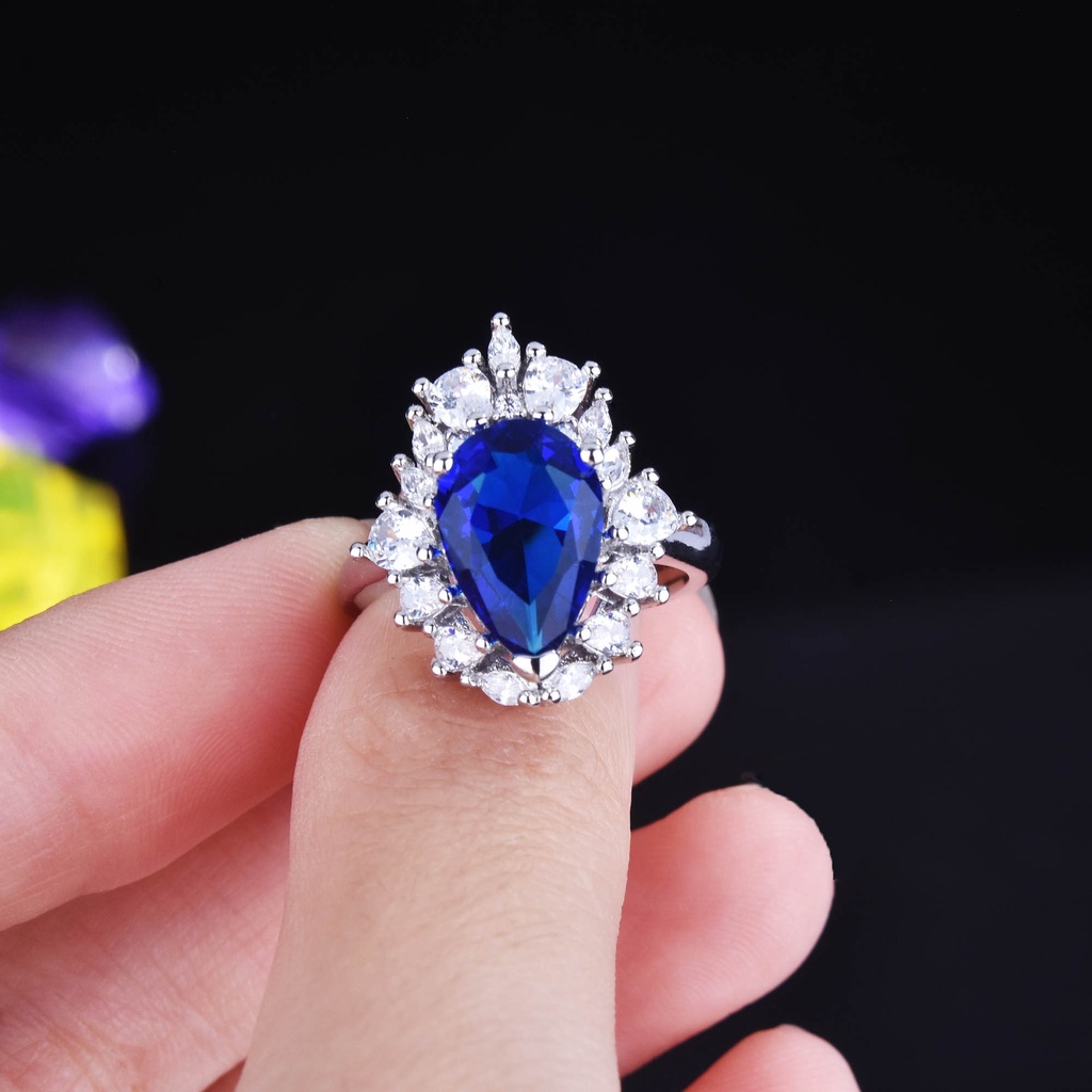 Goldkingdom Fashion Perhiasan Aksesoris Ready Stock Pir Berbentuk Safir Cincin Terbuka Perempuan Tetesan Air Hidup Warna-Warni Harta Cincin