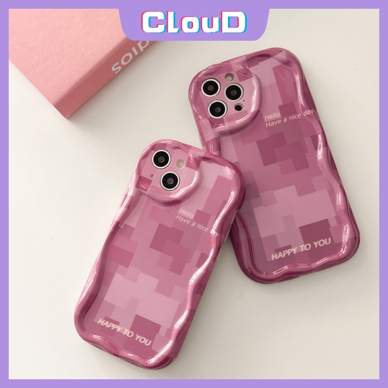 IPHONE Casing Kotak-Kotak Glossy 3D Wavy Curved Edge Kompatibel Untuk Iphone7 8 6 6s Plus 11 13 14 12 Pro Max X XR XS Max SE 2020 Rose Pink Lattice Shockproof Soft Back Cover