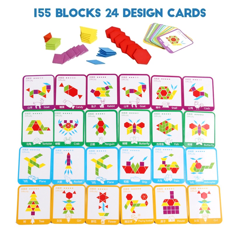 155pcs Set Blok Pola Kayu Anak Bentuk Geometris Mainan Puzzle Montessori Edukasi Dini Tangram Mainan