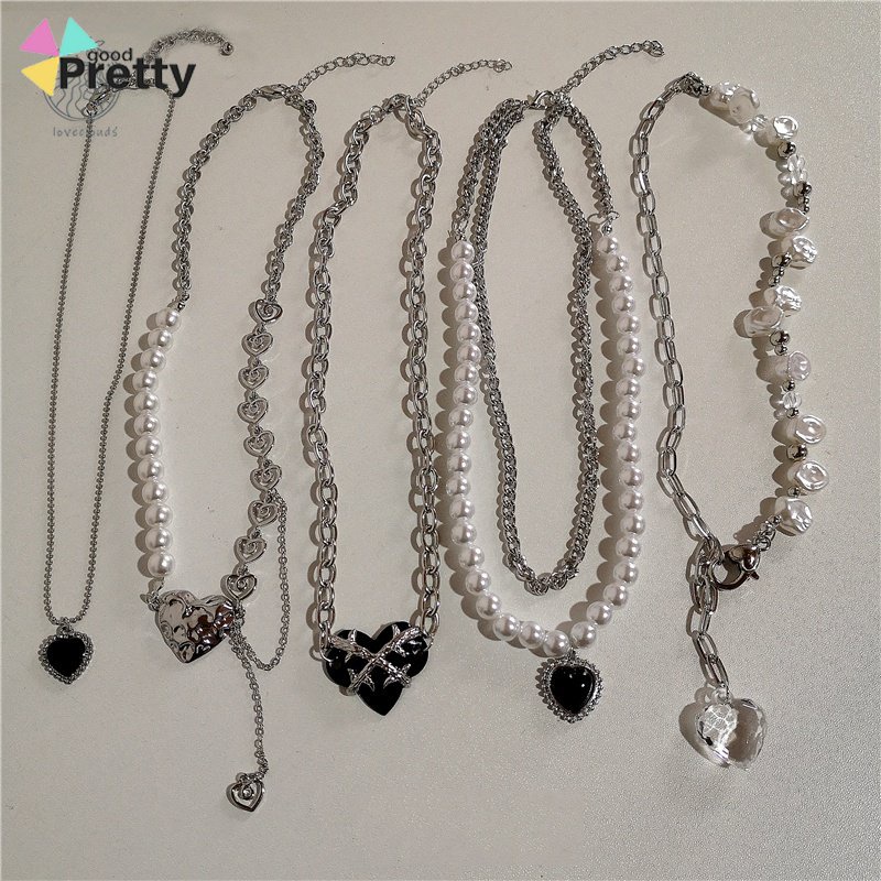 Kalung Rantai Model Double Layer Aksen Mutiara Warna Hitam Gaya Retro Hip-Hop Untuk Wanita L