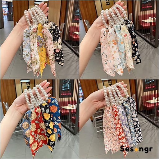 Ikat Rambut Motif Print Bunga Butterfly Aksen Mutiara Gaya Korea Untuk Wanita S - SG