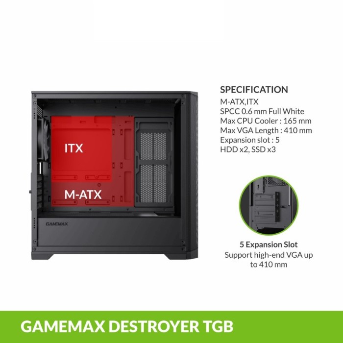 Casing GameMax Destroyer Black Tempered Glass Micro ATX PC Case