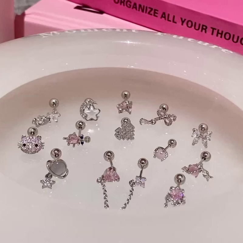 S925 Anting Perak Merah Muda Zirkon Busur Hati Tulang Telinga Stud Wanita Gadis