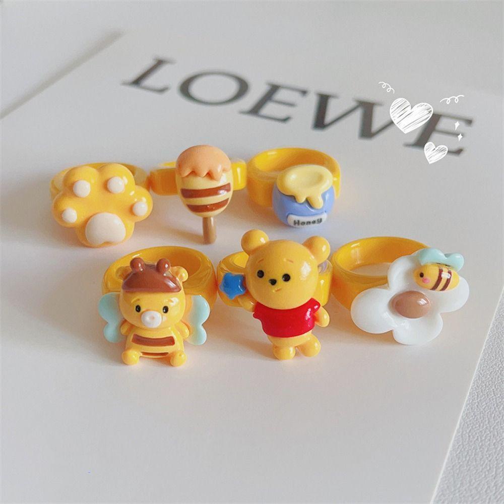 Mxbeauty Wanita Winnie Cincin Kartun Halus Dapat Disesuaikan Trendi Bunga Lebah Beruang Paw Resin The Pooh Gaya Korea Ring