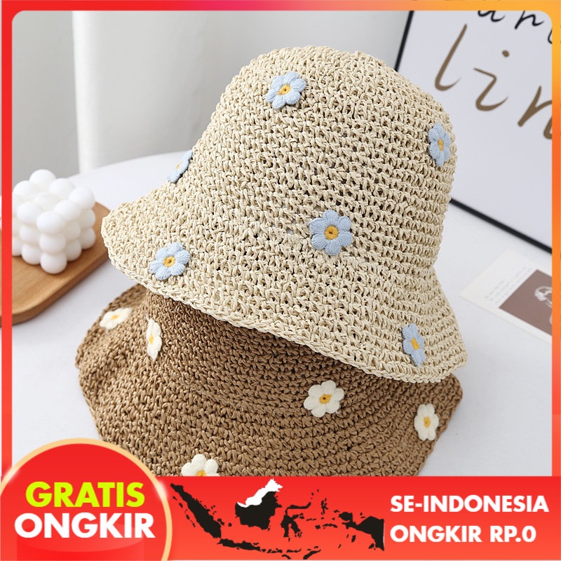 Topi Jerami Bunga Biru Kecil Lucu Manis Tepi Pantai Besar Wanita Pelindung Matahari Langit Pantai To