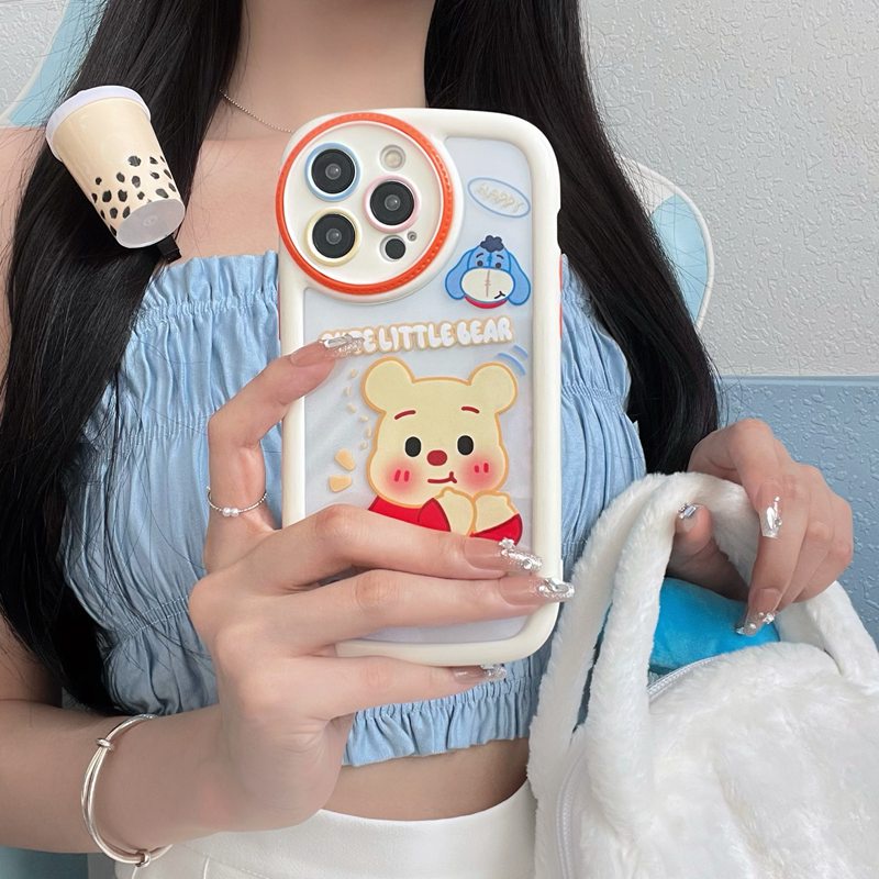 Circular Camera Protect Cream Soft Case IPhone 11 13 12 14 PRO Max Phone Case for Women Girl Cute Lotso Winnie the Bear Strawberry Bear