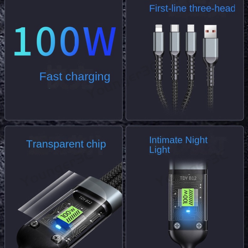 100w Kabel Transparan Gaya Punk 3in1 Kabel Pengisian Super Cepat Dengan Cahaya Biru 6A Kabel Data Usb Untuk ios Tipe C Android