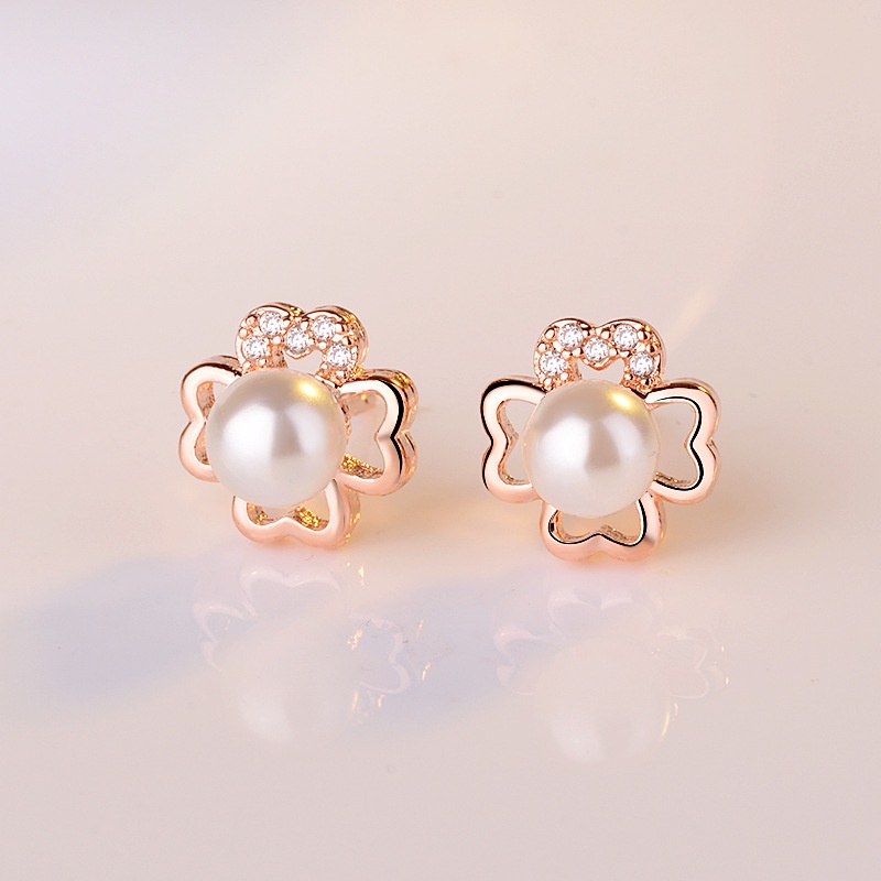 Goldkingdom Aksesoris Perhiasan Fashion Ready Stock Empat Daun Rumput Anting Mutiara, Berlian Perempuan Set Anting Mutiara Bulat, Rose Gold Pearl Earrings