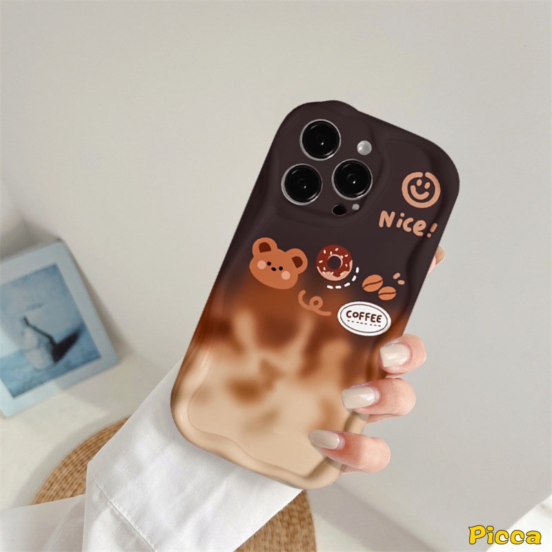 Casing Tepi Melengkung Bergelombang 3D Untuk Redmi 9A 10C 9T 9C 10 9 A1 10A 9C NFC A2 Redmi Note 11 10 8 9 11s 10s 10Pro 10 Pro Max Plus POCO M3 Kartun Beruang Lucu Kopi Donat Gradasi Lembut Sarung