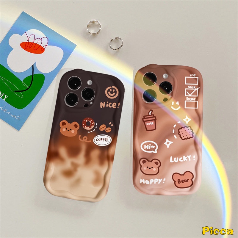 Casing Tepi Melengkung Bergelombang 3D Untuk Redmi 9A 10C 9T 9C 10 9 A1 10A 9C NFC A2 Redmi Note 11 10 8 9 11s 10s 10Pro 10 Pro Max Plus POCO M3 Kartun Beruang Lucu Kopi Donat Gradasi Lembut Sarung