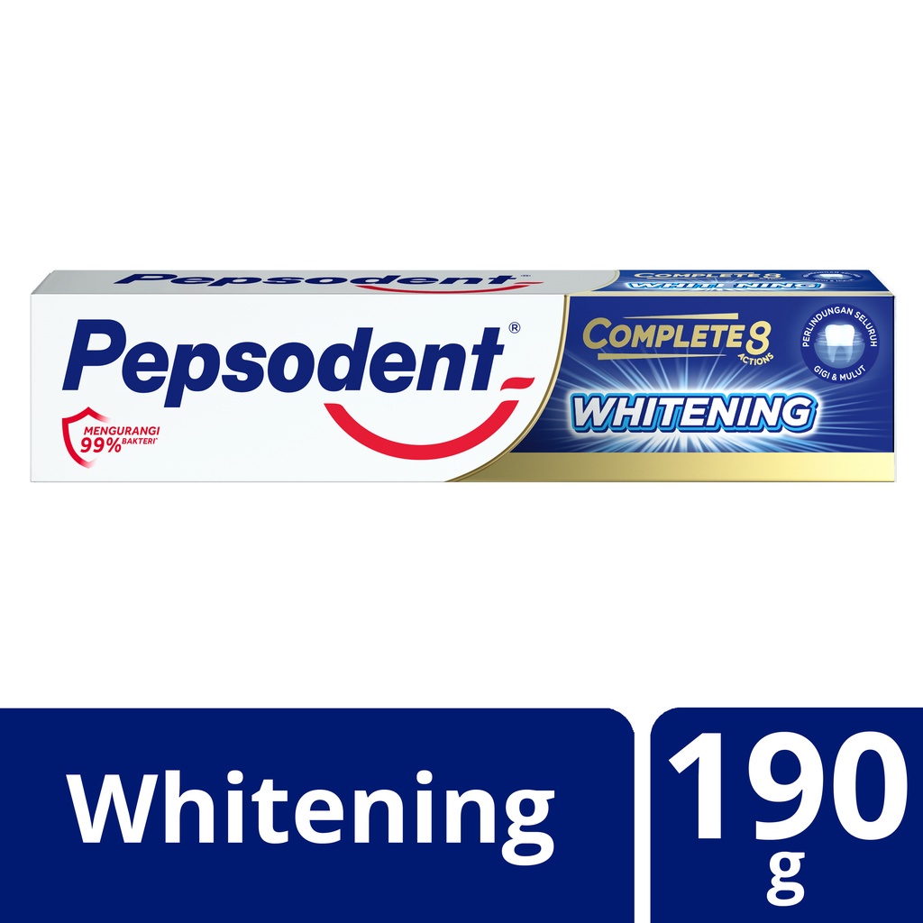 Pepsodent Complete 8 Plus Whitening Pasta Gigi Anti Bakteri Gigi Putih dalam 2 Minggu 190g ( BIRU)