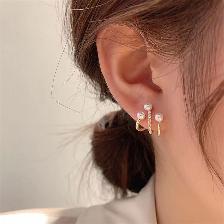 Ifyou Anting Tiga Lapis Mutiara Fashion Kristal Anting Klip Emas Untuk Aksesoris Perhiasan Wanita