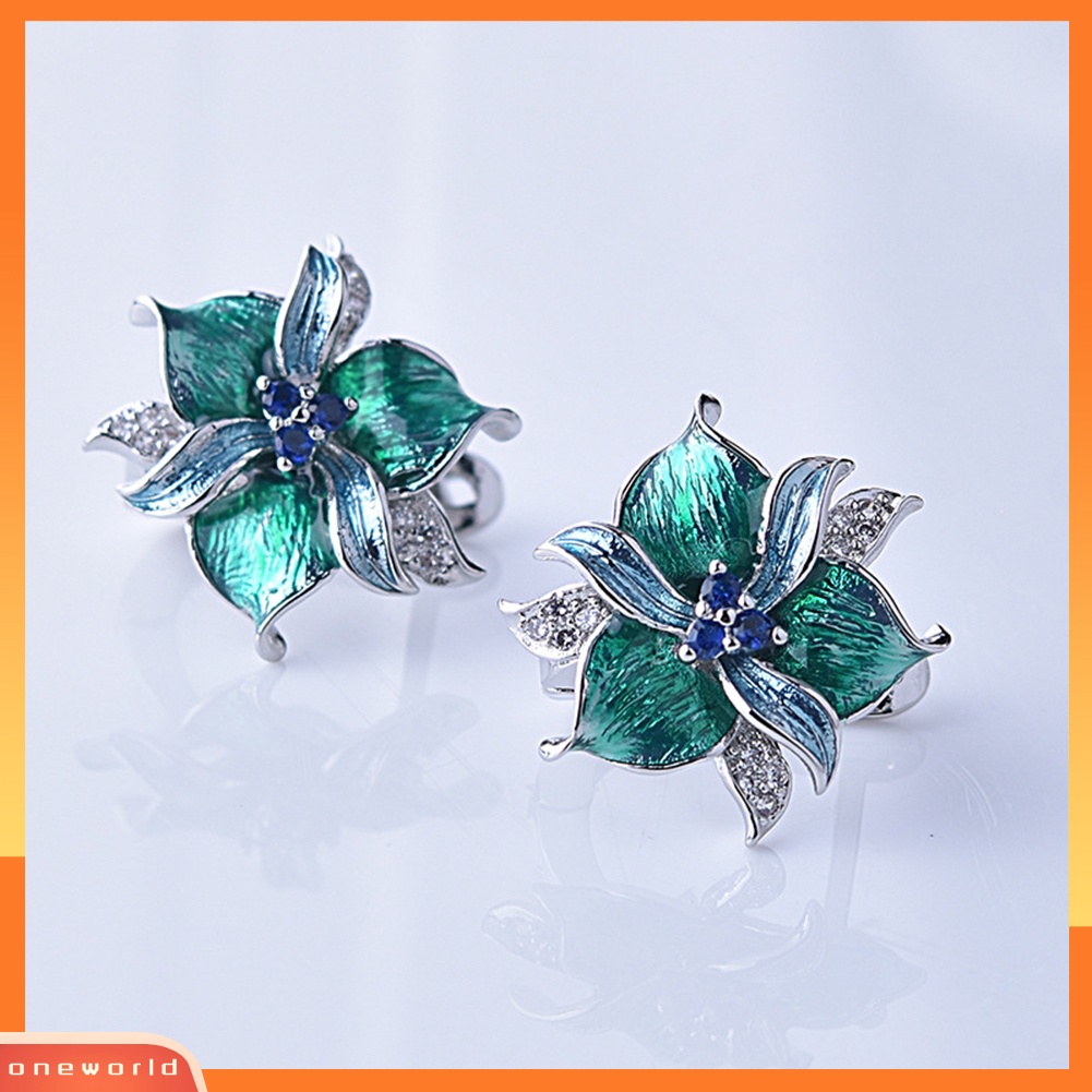 [ONE] Wanita Berlian Imitasi Bertatahkan Enamel Bunga Liontin Kalung Anting Cincin Perhiasan