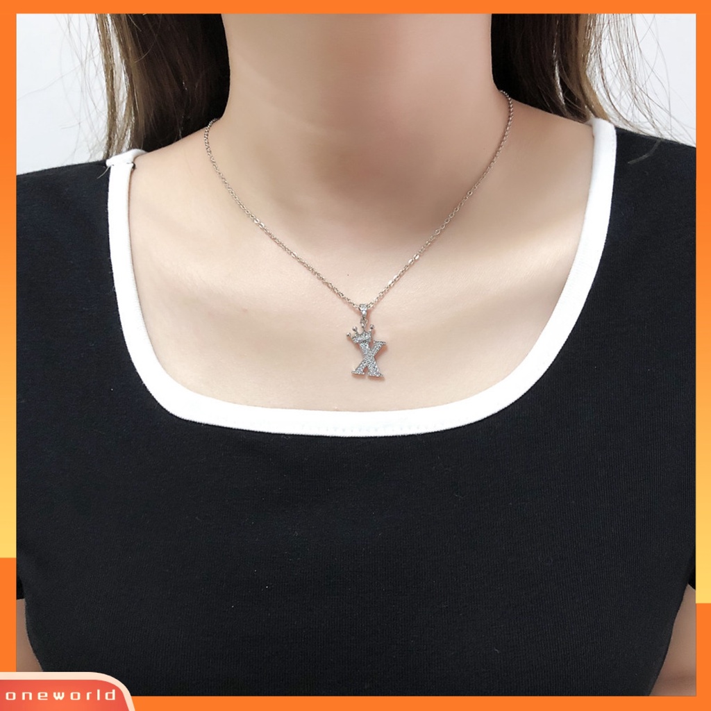 [ONE] Liontin Kalung Mahkota26Huruf Perhiasan Berkilau Cubic Zirconia Choker Necklace Hadiah Ulang Tahun