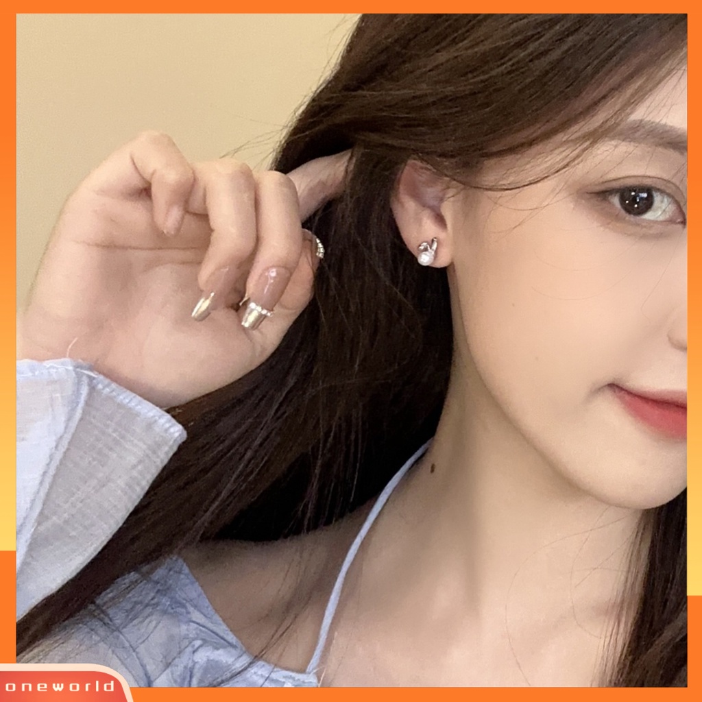 [ONE] 1pasang Cute Rabbit Ear Studs Shiny Faux Pearl Kecil Alloy Wanita Remaja Perempuan Stud Earrings Fashion Perhiasan Hadiah