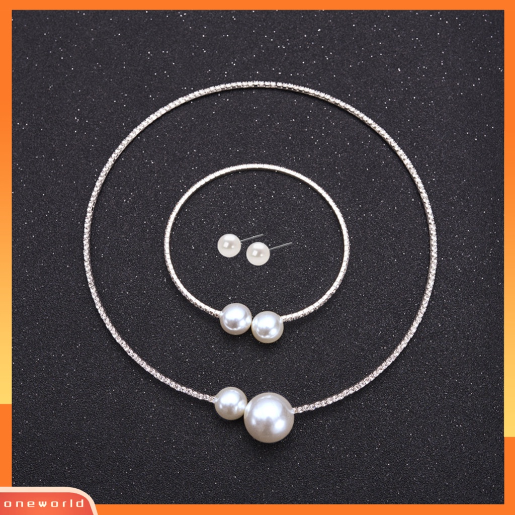 [ONE] 1set Perhiasan Wanita Set Mutiara Imitasi Dipoles Warna Kontras Pembukaan Berlian Imitasi Tubuh Dekorasi Adjustable Ear Stud Klavikula Kalung Perhiasan Set Wanita Perhiasan