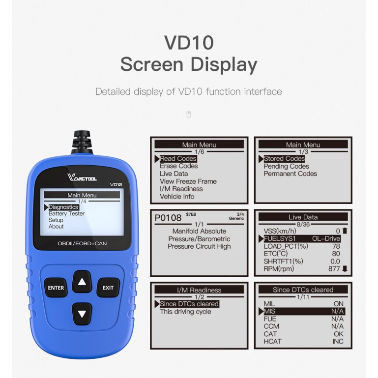 917 VDIAGTOOL VD10 OBD2 Engine Code Reader Auto Diagnostic Tool V1.5