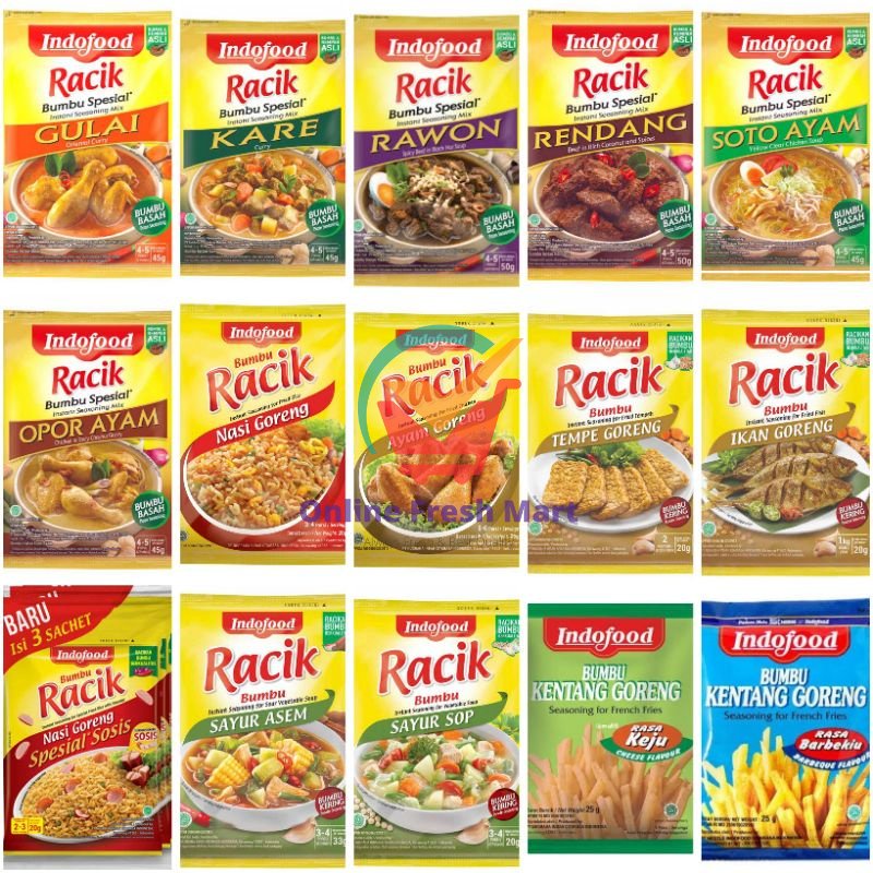 

Indofood Racik Aneka Bumbu Instan Rendang Rawon Kare Opor Soto Gule ayam tempe ikan goreng sayur asem sop nasi kentang sosis