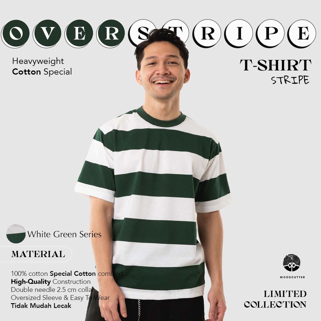 Kaos Polos Pria Garis WOODCUTTER White Green - Putih Hijau Oversize SS T-shirt Lengan Pendek