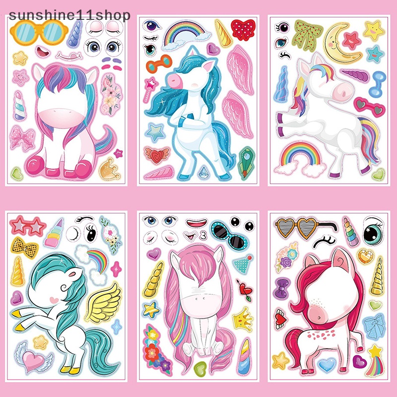 Sho 6 Pcs Kawaii Kartun Unicorn Anak DIY Sticker Pink Lucu Stiker Puzzle Stiker Perlengkapan Guru Sekolah Untuk Anak-Anak Gadis Hadiah N