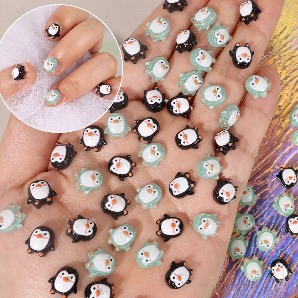 [Unggulan] 10 /50 Pcs /Bag Mini Biru Hitam Penguin Stereo Hiasan Kuku Kartun Dekorasi Kuku Resin Hewan Nail Art DIY Manicure Aksesoris Nail Drill Perhiasan Bagian